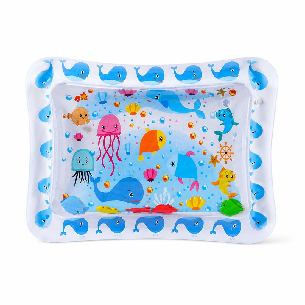 Rectangular water mat with a white border of blue whales and a pale blue centre showing jellyfish, fish and floating sea shapes. 8