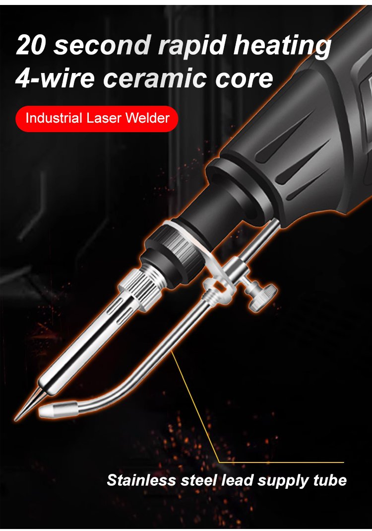 Angled view of the heating tip and curved stainless steel wire supply tube against a dark, spark-filled background 10