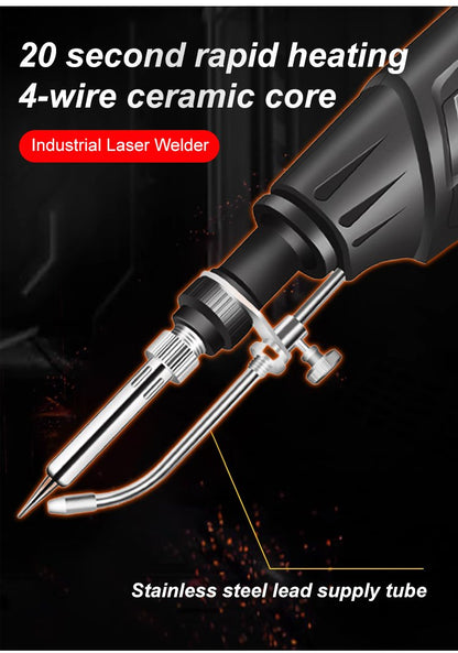 Angled view of the heating tip and curved stainless steel wire supply tube against a dark, spark-filled background 10