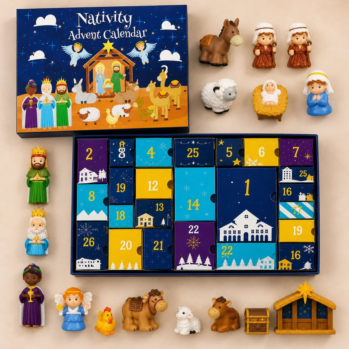 Flat lay of the closed box lid, open tray of numbered doors and every figure laid out around it 3