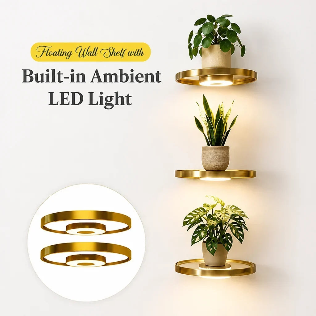 Three lit gold shelves with plants on a white wall, plus an inset showing two round gold shelves with built-in lights. 6
