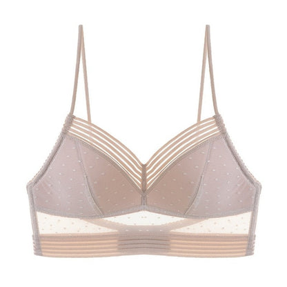 Flat lay of the taupe bra showing thin straps, striped V-neckline, dotted mesh cups and a sheer panel above the striped band. 7