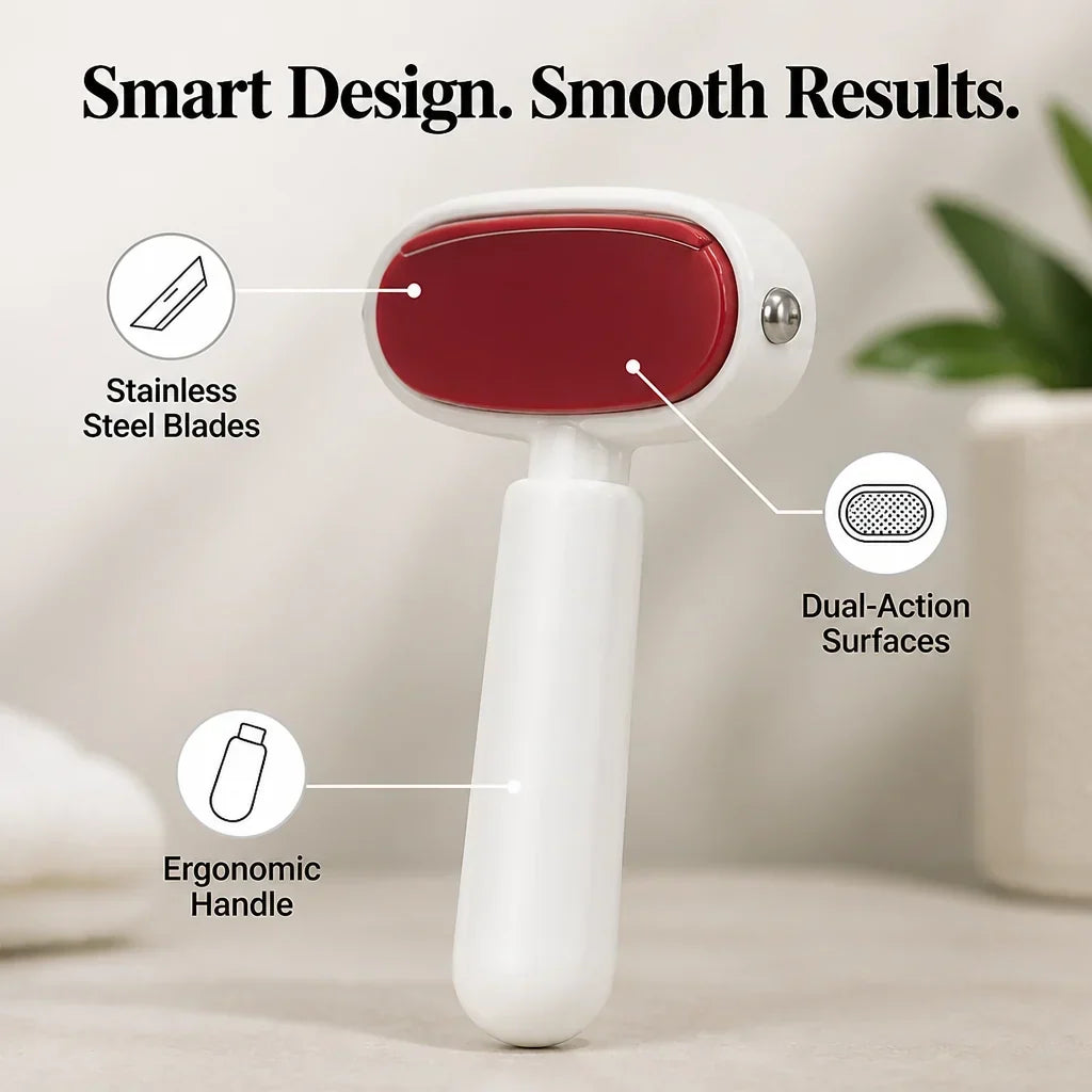 White foot file with red pad on a neutral background, with callouts marking its blades, surfaces and handle 3