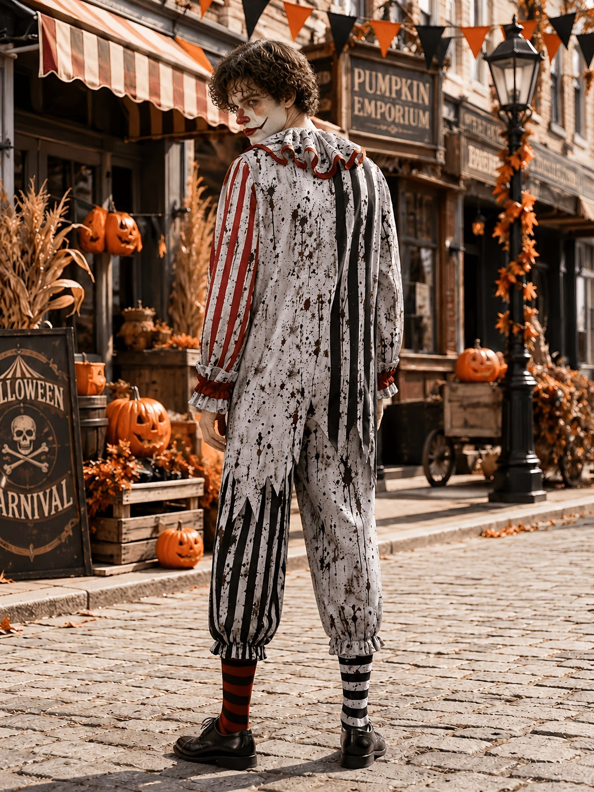Back view of the clown jumpsuit worn by a model looking over his shoulder, showing the jagged hem and ruffled collar. 3