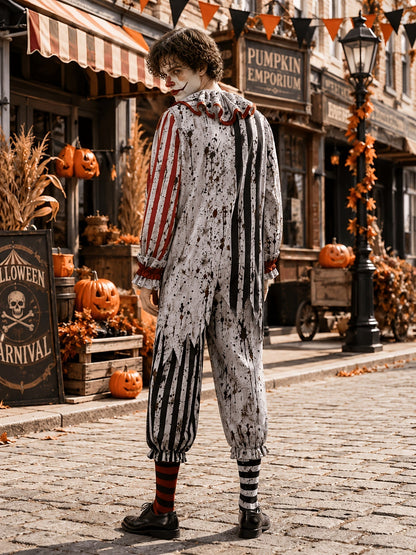 Back view of the clown jumpsuit worn by a model looking over his shoulder, showing the jagged hem and ruffled collar. 3
