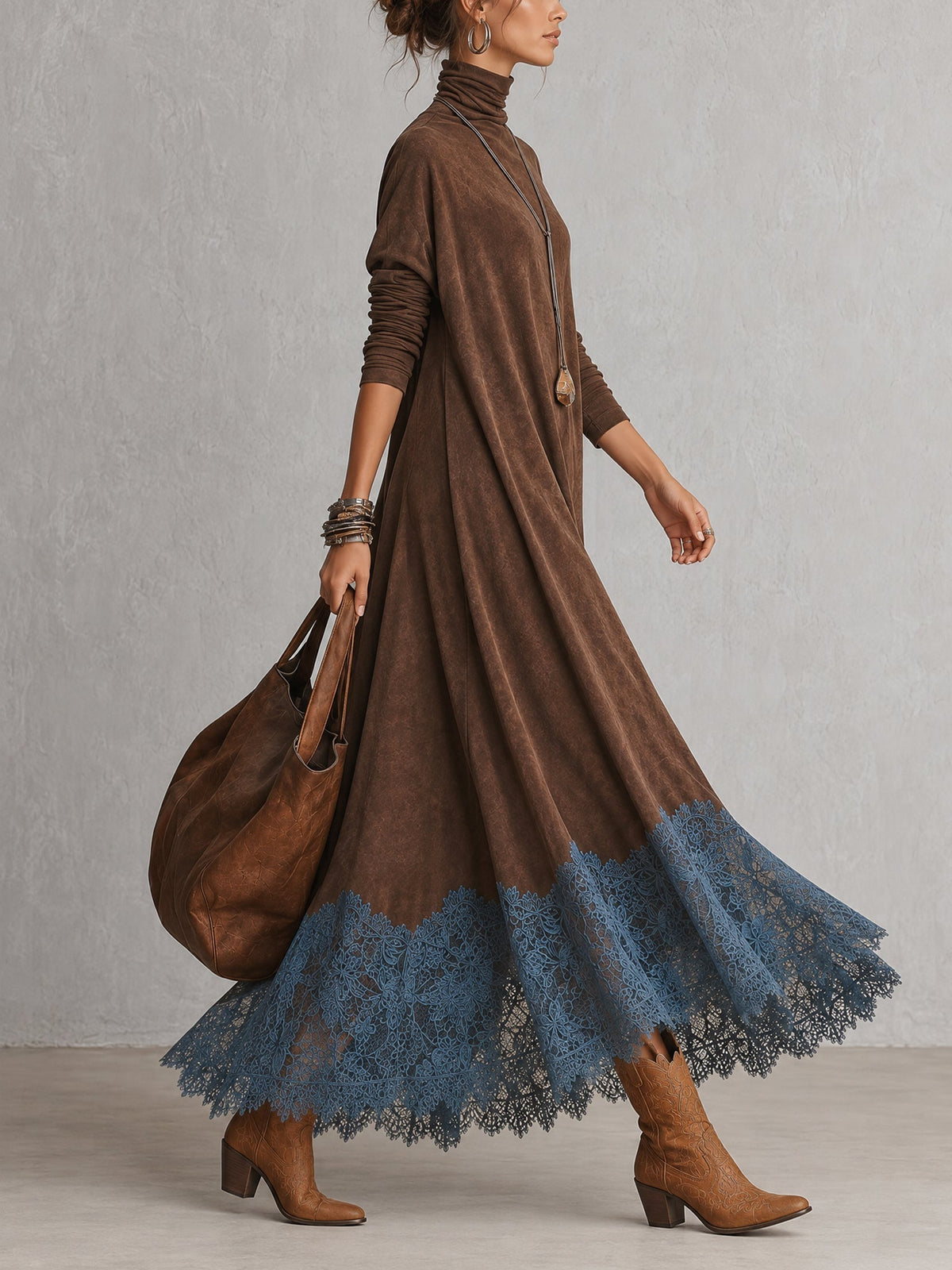 Side view of the brown dress in motion, showing the sleeve, flared skirt and blue lace hem 4