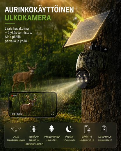 Camera strapped to a tree trunk with its solar panel catching sunlight, a deer in the woods and a live phone view. 2