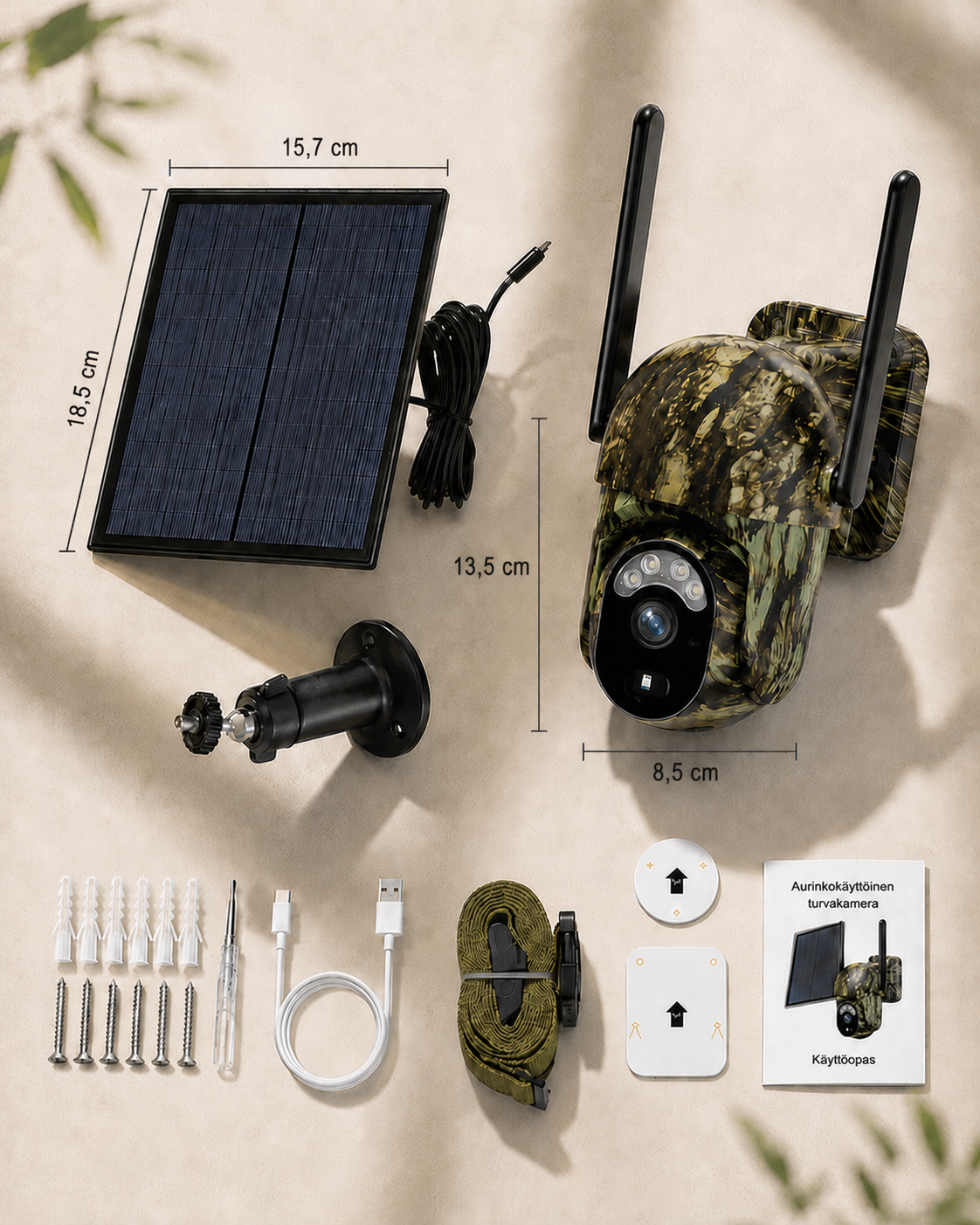 Flat lay of the camera, solar panel with cable, mounting bracket, screws, anchors, charging cable, strap, mounting templates and user manual, with dimensions ma 13