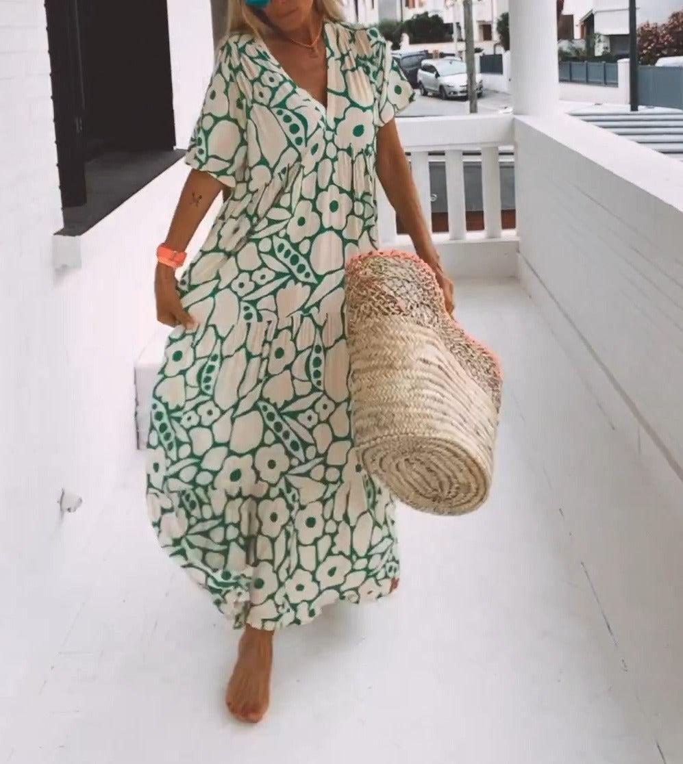 Green maxi dress with short sleeves and a print – Elisa