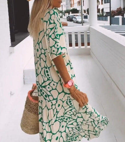 Green maxi dress with short sleeves and a print – Elisa