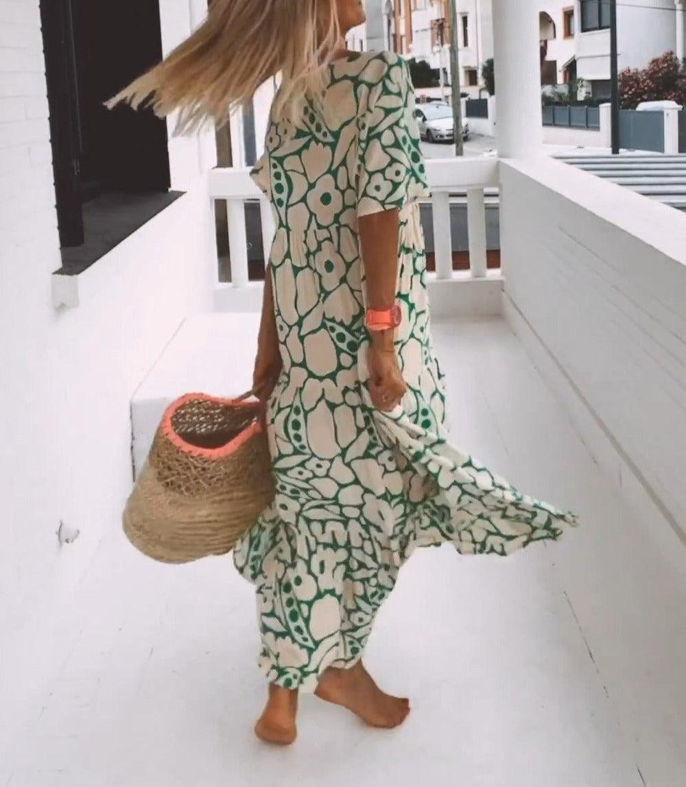 Green maxi dress with short sleeves and a print – Elisa