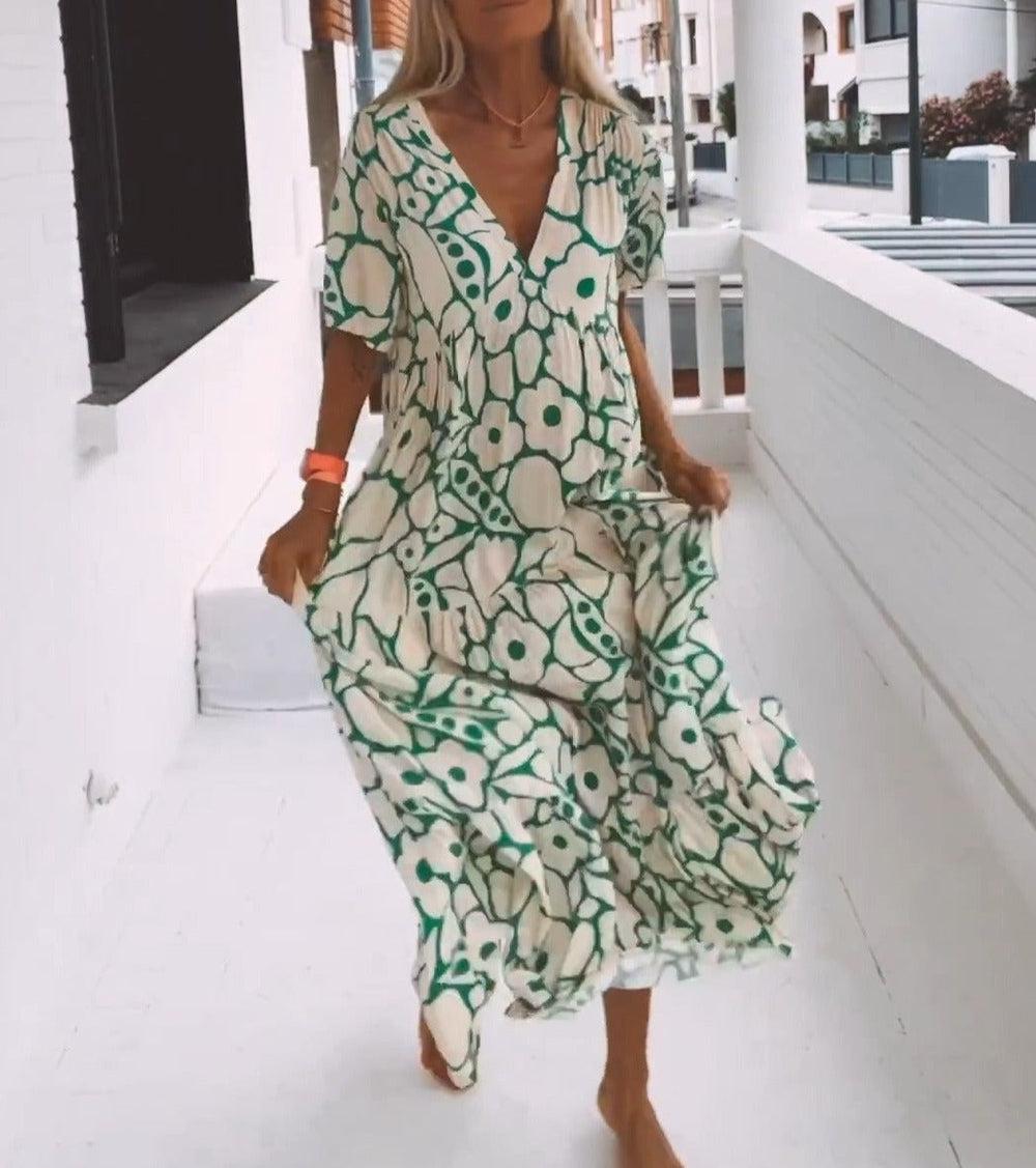 Green maxi dress with short sleeves and a print – Elisa