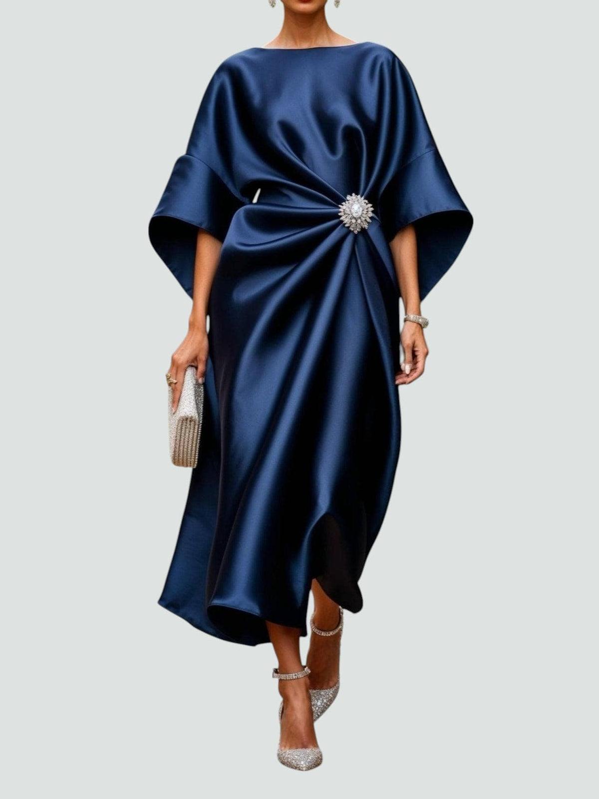 Women's Draped Brooch Maxi Dress – Cape Sleeve Gown for Formal Events 1
