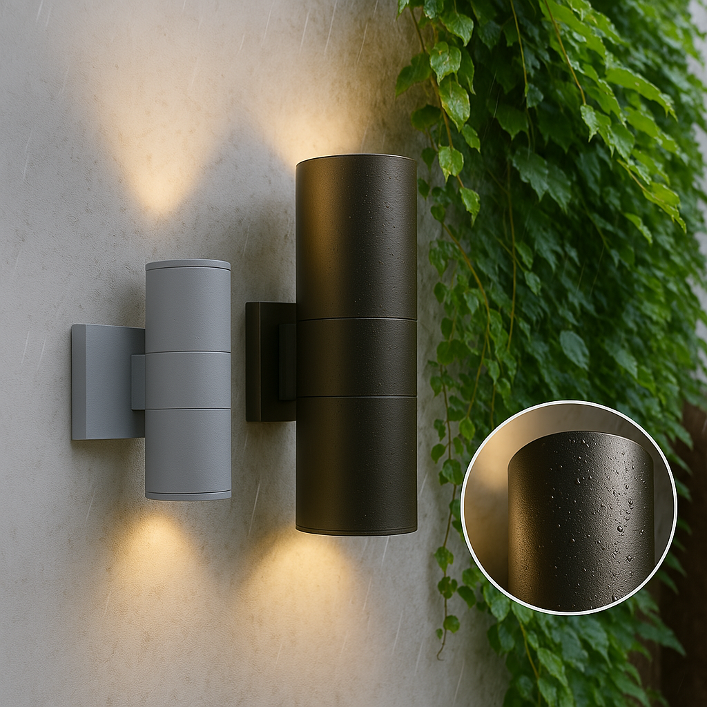 Black and grey cylindrical wall lights side by side on a rendered wall beside ivy, with a close-up inset of raindrops on the black casing. 1