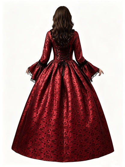 Back view of the red floral brocade gown, showing black corset lacing, ribbon bow and lace-trimmed flared sleeves. 11