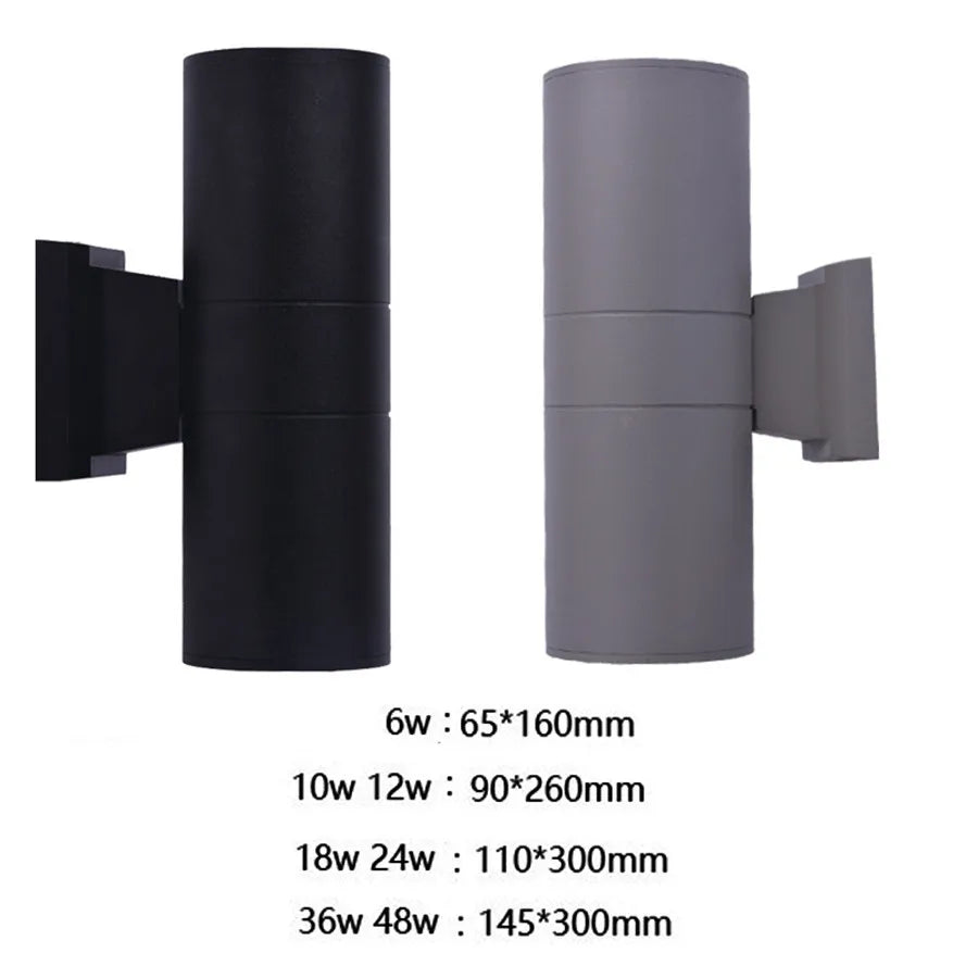 Black and grey cylindrical wall lights shown side by side against white, with a size chart listing dimensions for each wattage. 4