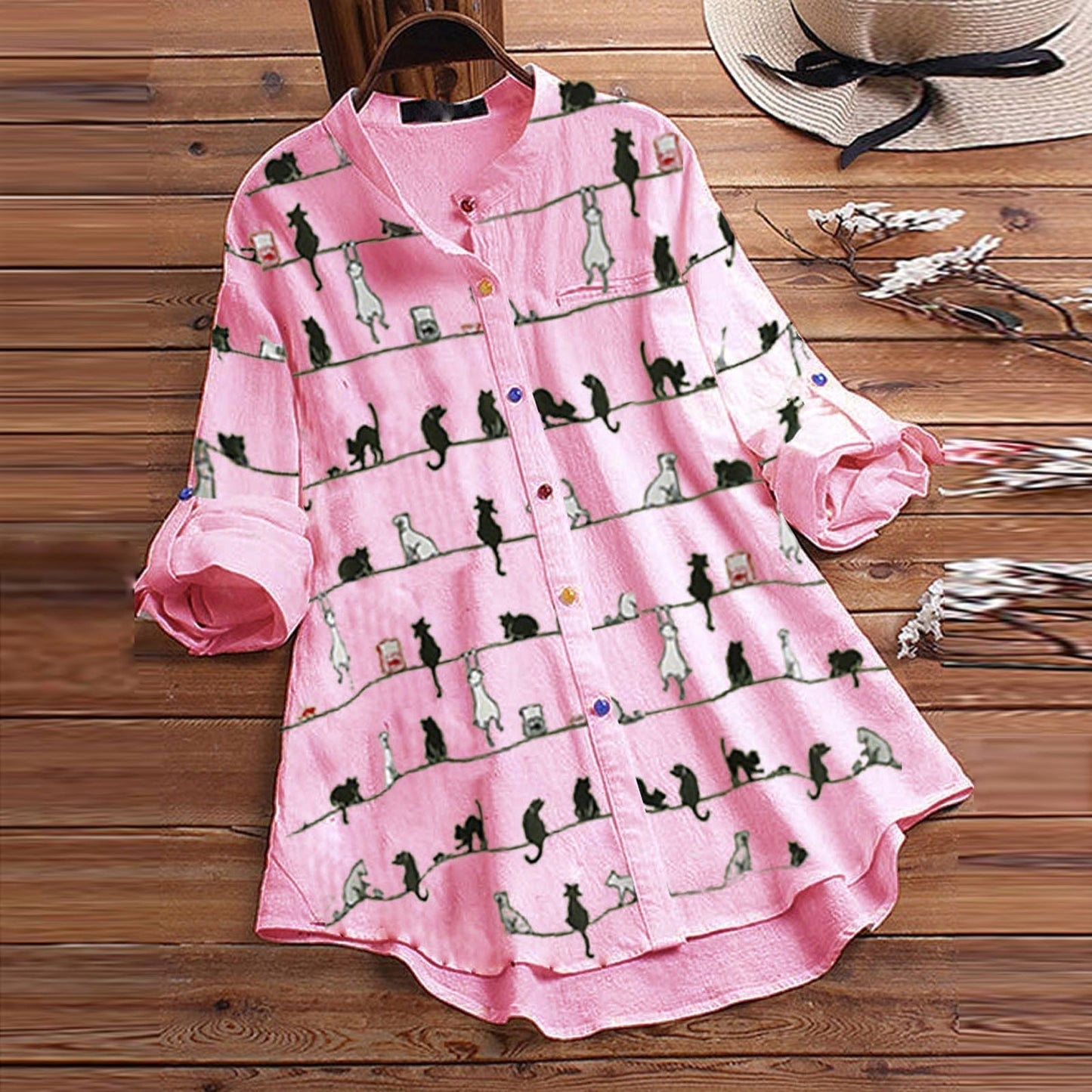 Autumnal women's blouse with cat motif & button placket – Kaja