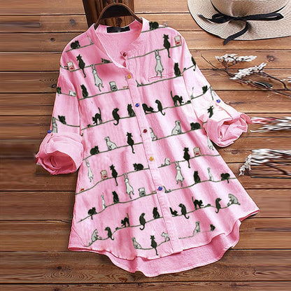 Autumnal women's blouse with cat motif & button placket – Kaja