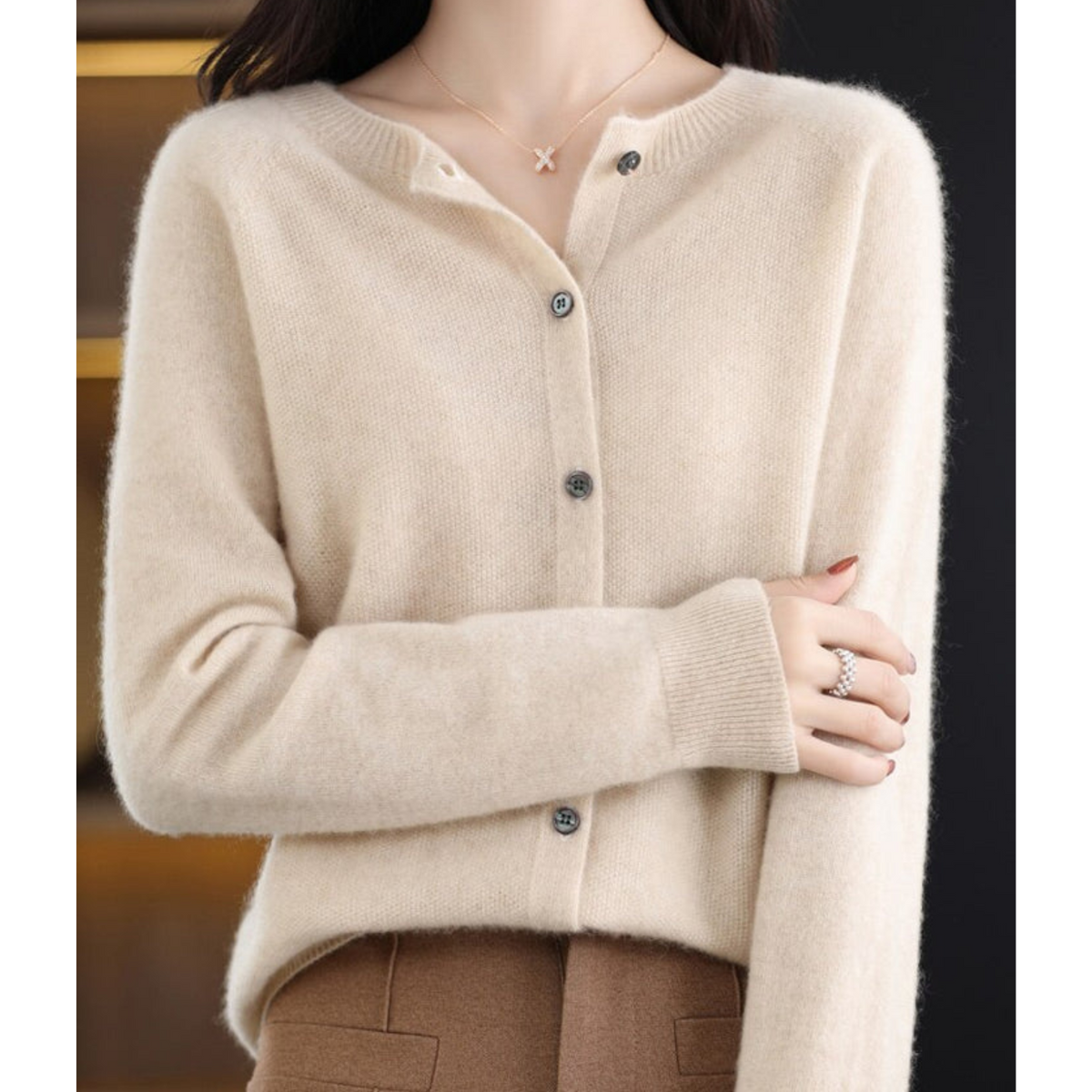 Merino Wool & Cashmere Cardigan for Women - Elegant O-Neck Winter Knit 15