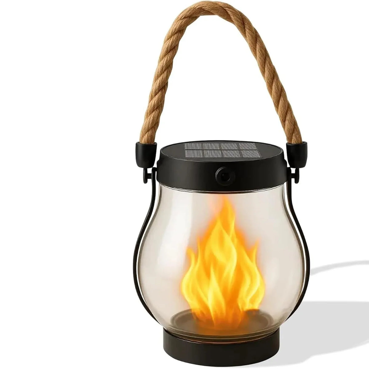 Lit lantern on a white background casting a soft shadow, with a rope handle and solar top 10
