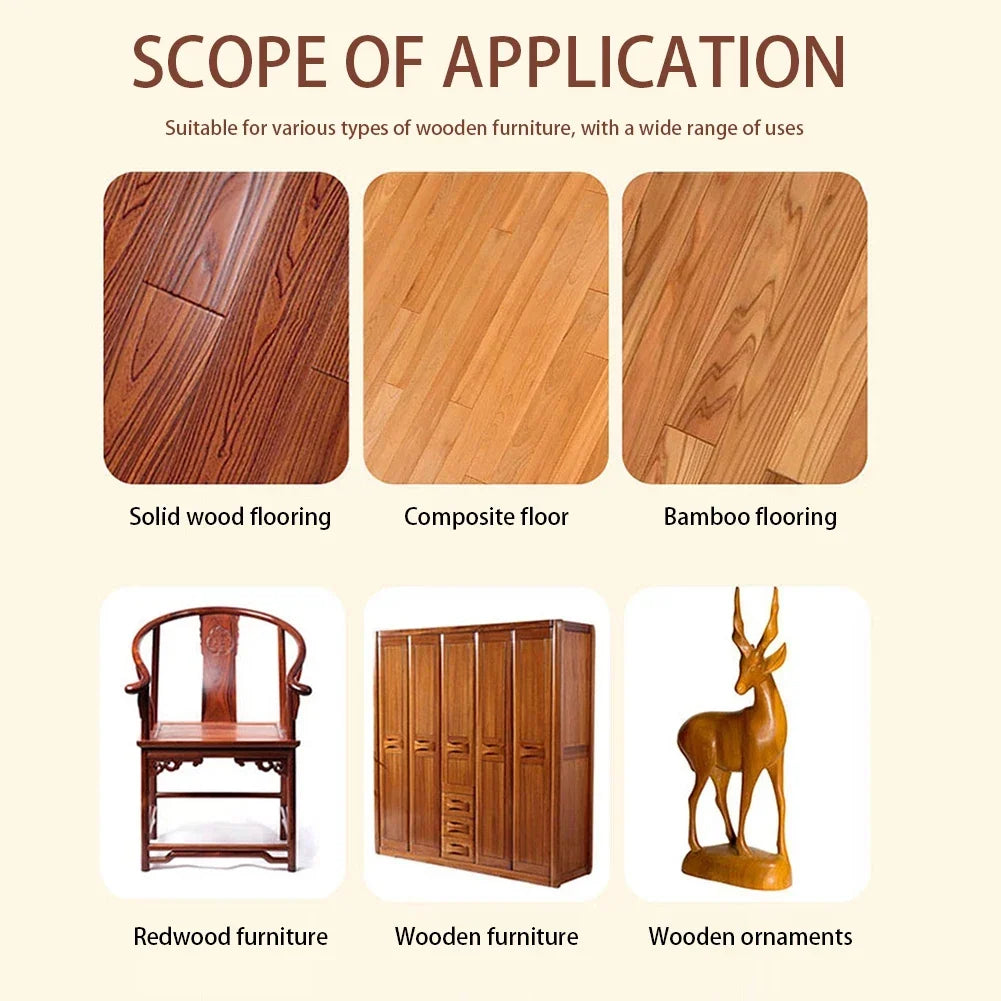 Examples of surfaces to treat: wooden floors, a chair, a wardrobe and a carved deer ornament 10
