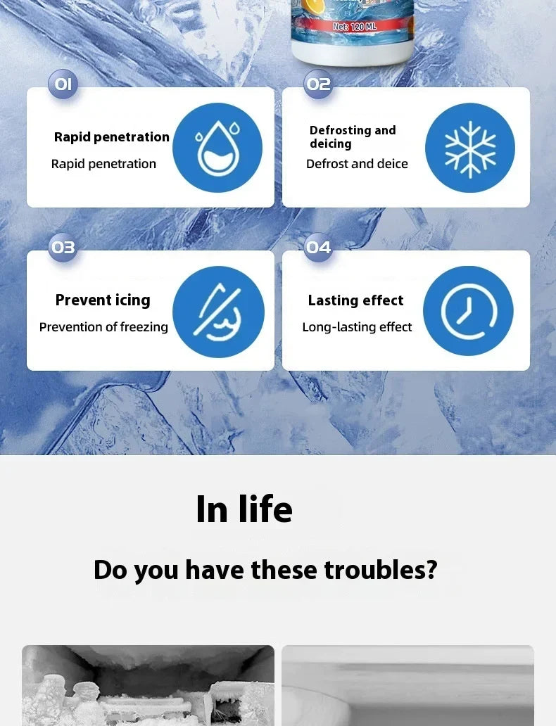 Four icons listing benefits above the bottle base, with frozen freezer photos beneath a heading about common troubles 10