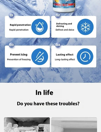 Four icons listing benefits above the bottle base, with frozen freezer photos beneath a heading about common troubles 10