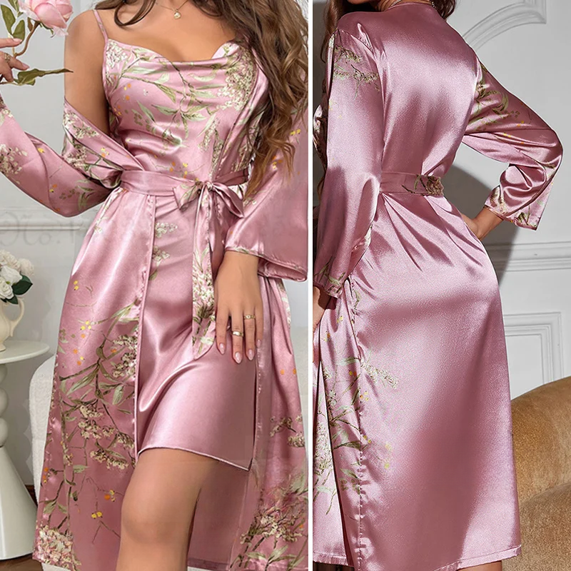 Two-piece satin nightdress & kimono with floral print – Noelle