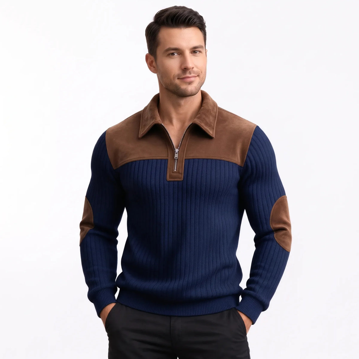 Model wearing the navy ribbed jumper with brown suede-look collar and elbow patches, smiling slightly 10