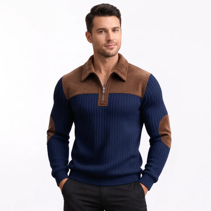 Model wearing the navy ribbed jumper with brown suede-look collar and elbow patches, smiling slightly 10