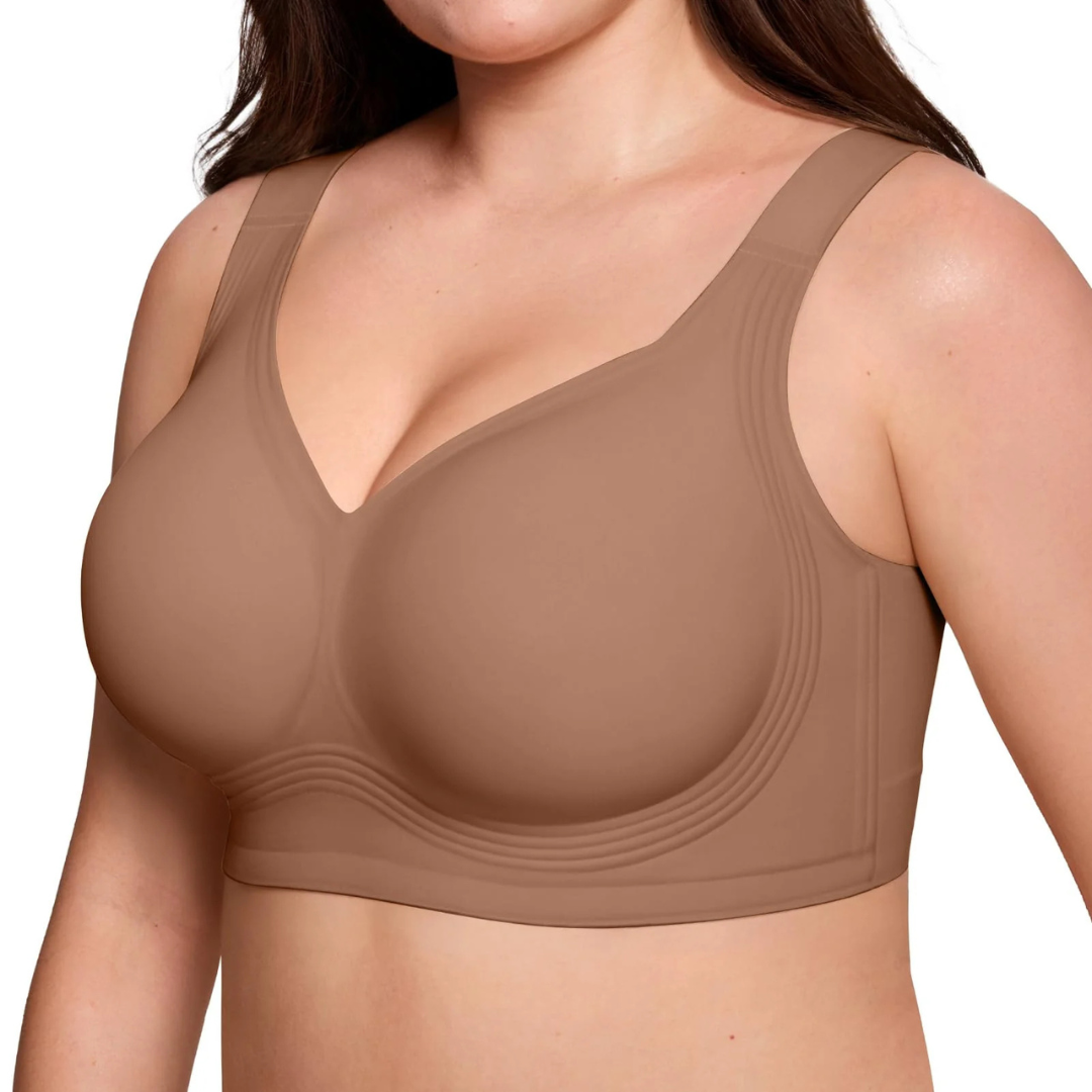 Three-quarter view of the brown bra on a model, showing the smooth cups and ribbed band 7
