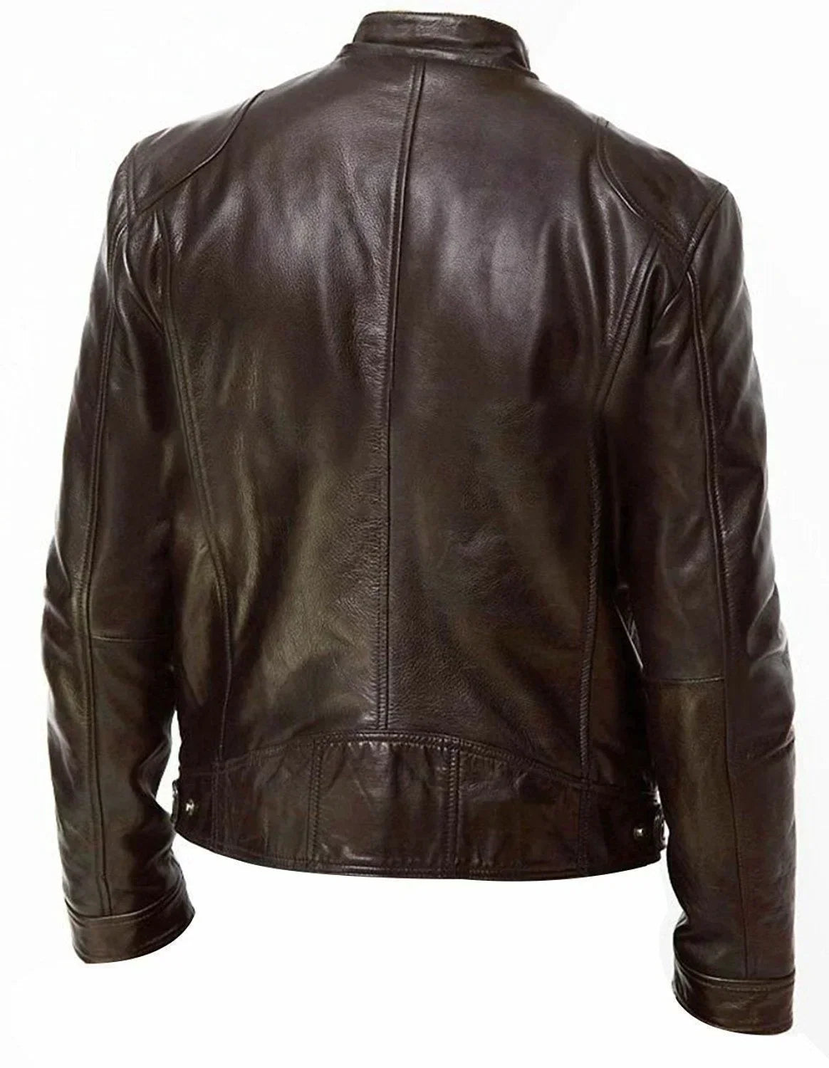 Back view of a dark brown leather biker jacket with vertical seams and waist tabs 10