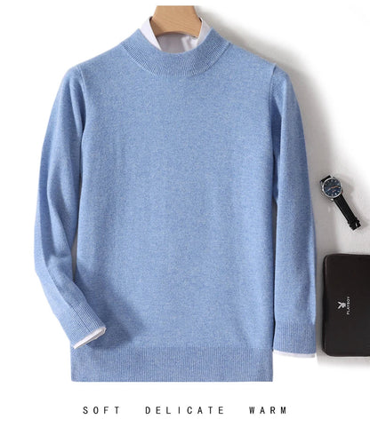 Medium blue mock neck jumper displayed on a hanger with a white shirt, watch and black wallet 10