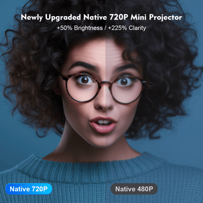 Split-face comparison of a woman with curly hair and glasses, showing sharper detail on one half 2