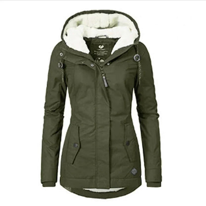 Second flat front view of the dark green jacket, showing the fleece-lined hood and curved hem 10