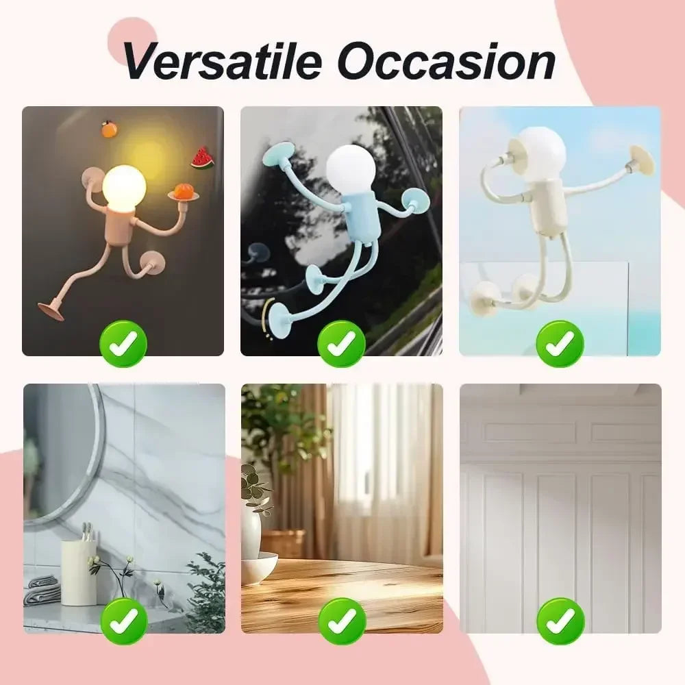 Six small scenes showing figure lights stuck on a fridge, car window, glass, bathroom, table and wall 10