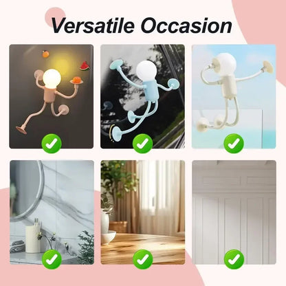 Six small scenes showing figure lights stuck on a fridge, car window, glass, bathroom, table and wall 10