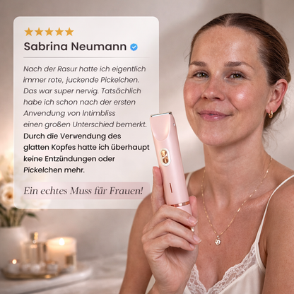 Smiling woman with her hair tied back holds the pink trimmer beside a verified five-star customer review, with candles in the background. 8