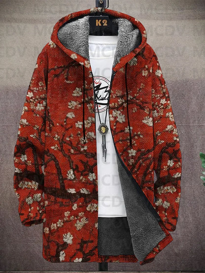 Jacket on a hanger in deep red with a pattern of white blossoms on dark branches 10