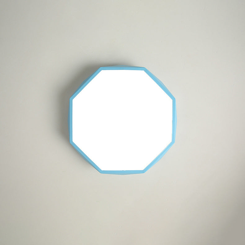 Blue octagonal light viewed straight on from below, showing the flat white diffuser and thin blue rim 6