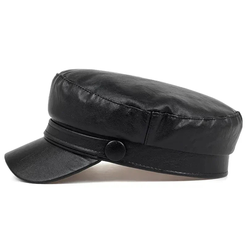 Black faux leather baker boy hat from the side, showing the covered button and rounded crown 10