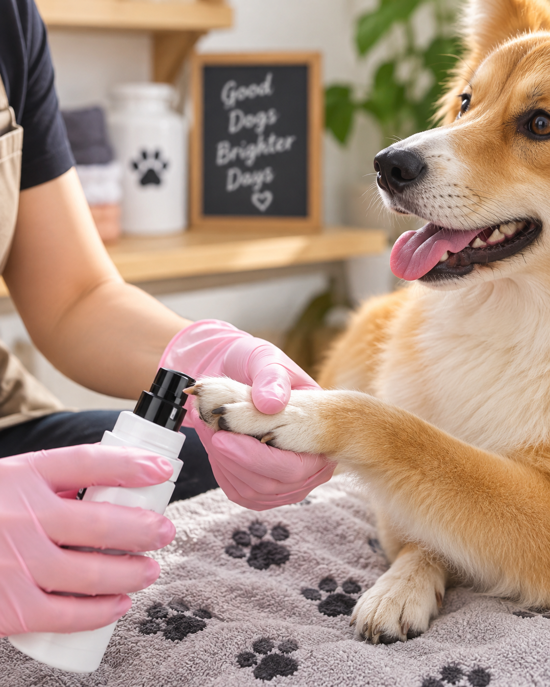 Groomer in pink gloves holding a corgi-type dog's paw with the grinder, ready to trim 8