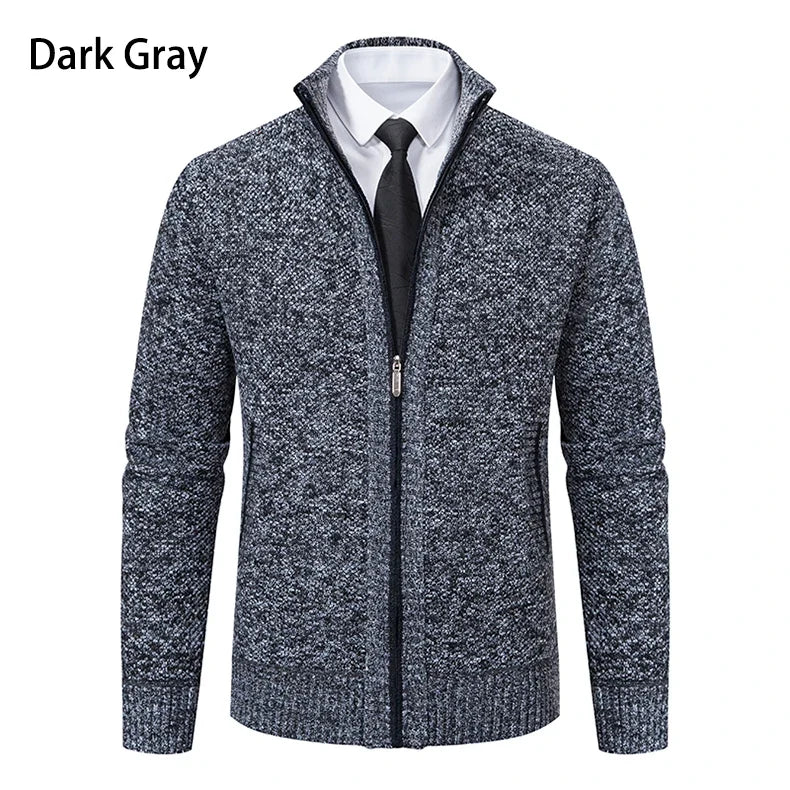 Front view of the dark grey marl zip cardigan, worn with a white shirt and black tie 10