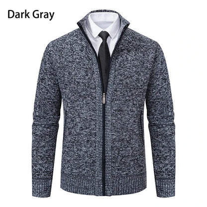 Front view of the dark grey marl zip cardigan, worn with a white shirt and black tie 10