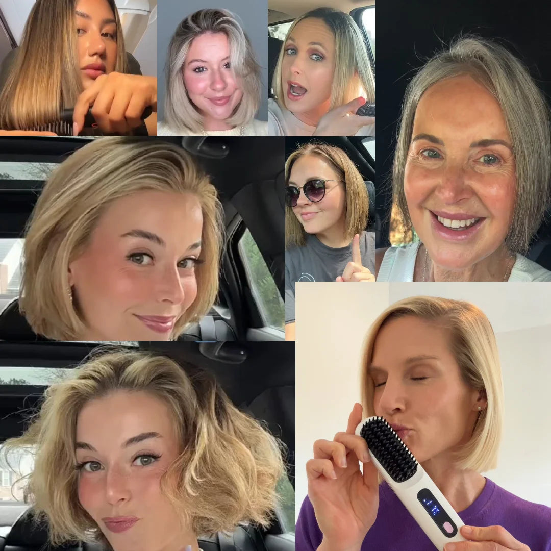 Collage of nine customer photos showing women with short bob hairstyles, one holding a white brush up to her face. 3