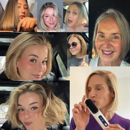 Collage of nine customer photos showing women with short bob hairstyles, one holding a white brush up to her face. 3