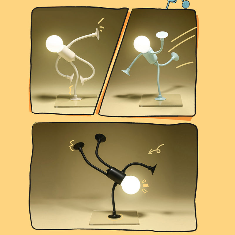 Illustrated comic-style panels show white, blue and black figure lamps with glowing bulb heads bent into kicking and handstand poses. 1