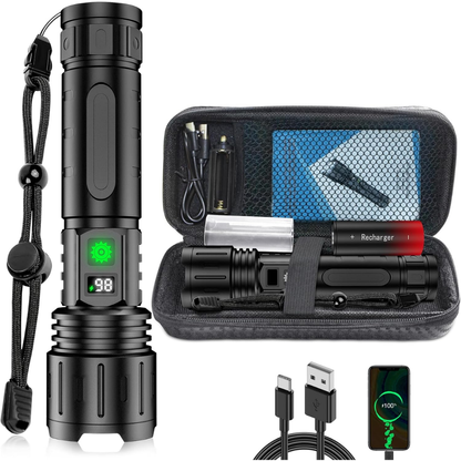 Torch shown with its zipped carry case, spare rechargeable battery, battery holder and USB-C cable, plus a phone being charged from it. 4