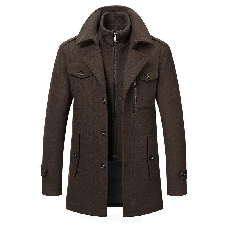 Dark brown overcoat shown from the front, with the zipped knitted inner collar and chest pocket zip 10