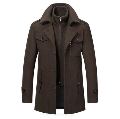 Dark brown overcoat shown from the front, with the zipped knitted inner collar and chest pocket zip 10
